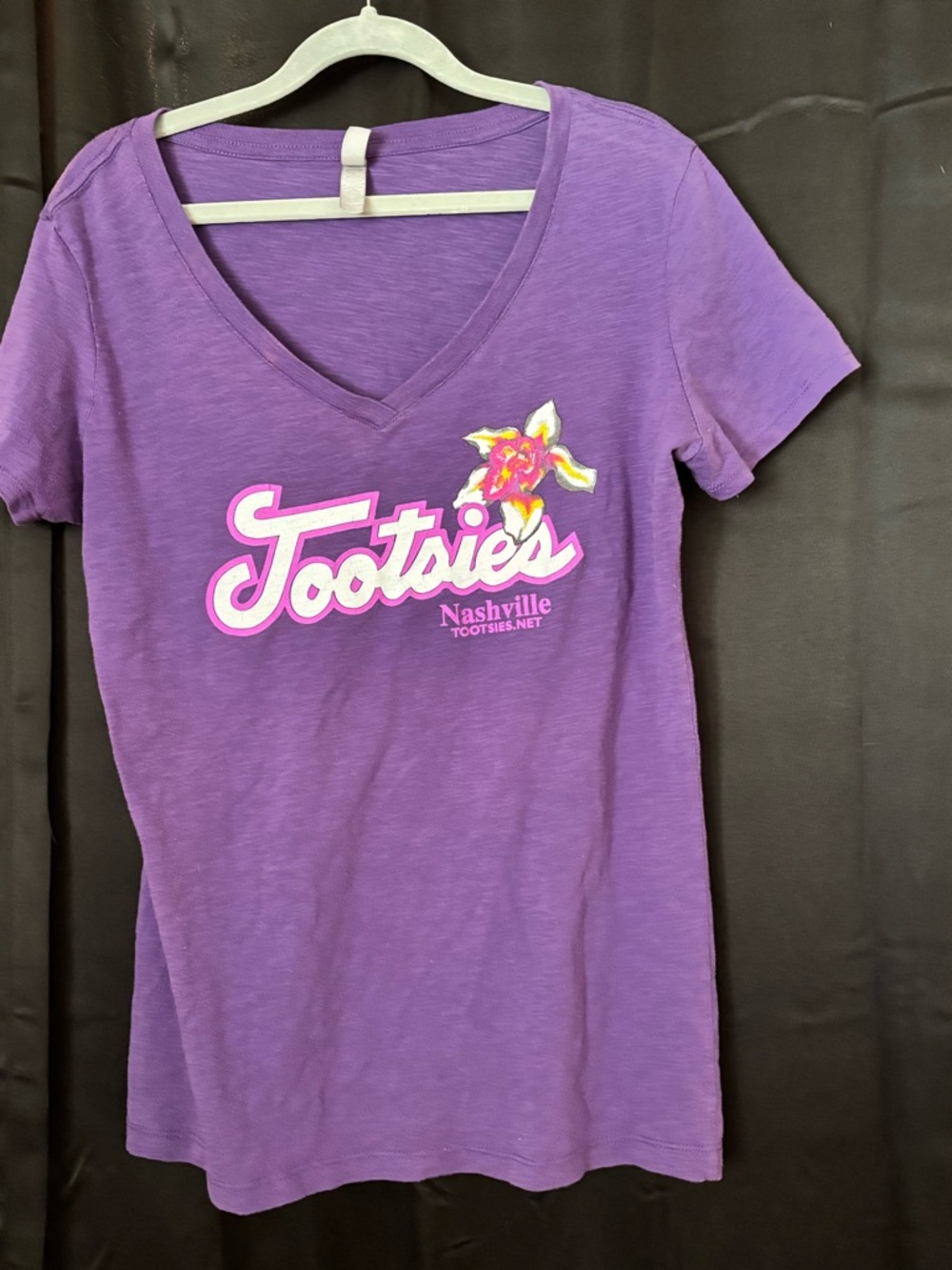 Bright Purple Famous Tootsies Bar Nashville V-Neck Tee with Tag Detail
